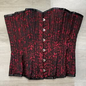 Red and Black Womens Gothic Brocade Corset Floral Lace Overlay Steel Boning 24